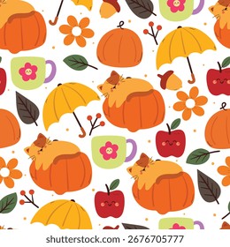 Herbst Stimmung nahtloses Muster mit Cartoon Katze. süße Herbstelement-Zeichnung für Tapete und Hintergrund