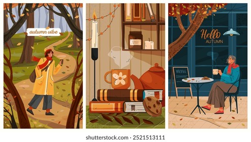 Estilo de ambiente otoñal. Conjunto de Anuncios. Ilustraciones vectoriales. Formas de relajarse al aire libre o en casa. Caminar afuera en el parque o sentarse en el café de la calle, leyendo el libro. Sentimiento de otoño feliz, estilo de vida acogedor.