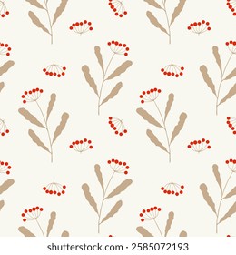 Autumn vibe, twigs with red berry, botanical pattern on pastel beige background. Vector illustration