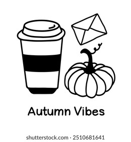 Autumn vibes artwork featuring a coffee cup, pumpkin, and an envelope, perfect for seasonal decor or greeting cards