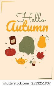 Autumn vibes card whit pumpkins, tea bag, a teapot and a candle.  Autumn, harvest, holiday, fall concept. EPS 10