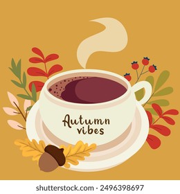 Taza de café con vibras otoñales con decoraciones de temporada y tonos cálidos. Lindo y acogedor diseño de otoño. Otoño, Día de Acción de Gracias, Otoño.