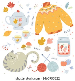 Autumn vibes  collection hand drawn vector illustrations in scandinavian style  Sweater  tea pot  cute cat  knitting  leaves   other symbols autumn  Cozy fall hygge ideas for october 