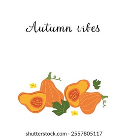 Autumn vibes: colorful pumpkins and leaves illustration.