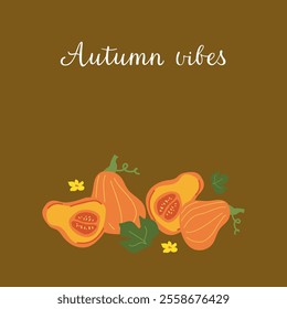 Autumn vibes: colorful squash and leaves on brown background.