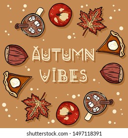 Autumn vibes decorative wreath cute cozy banner. Autumn festive poster. Fall harvest postcard
