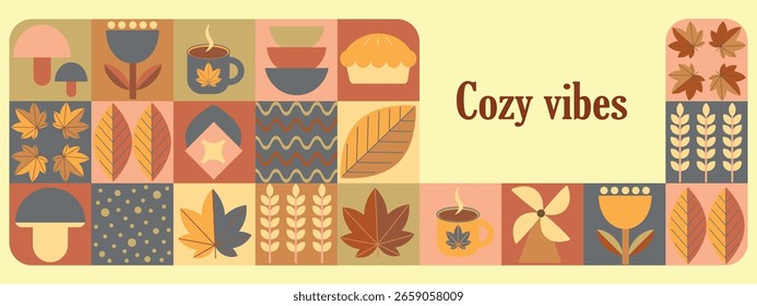 Autumn Vibes Geometric Fall Harvest Collage. Banners with autumn elements in Bauhaus style. Autumn poster design.