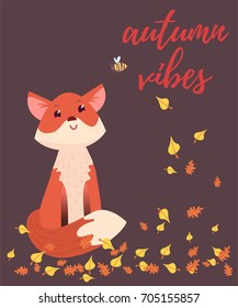 Autumn vibes greeting card with cute fox looking at bee. Colorful leaves on dark purple background.
