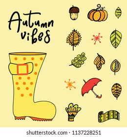 Autumn vibes! Hand drawn different colored autumn leaves. Sketch, design elements. Vector illustration.