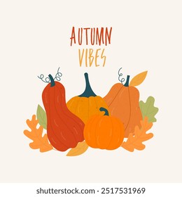 Autumn vibes hand drawn lettering vector. Autumn phrase with cute and cozy design elements decorative