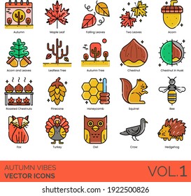 Autumn Vibes Icons Including Maple, Falling, Two Leaves, Acorn, Leafless Tree, Chestnut In Husk, Roasted, Pinecone, Honeycomb, Squirrel, Bee, Fox, Turkey, Owl, Crow, Hedgehog.