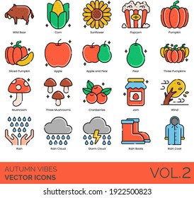 Autumn vibes icons including wild boar, corn, sunflower, popcorn, sliced pumpkin, apple, pear, three mushroom, cranberries, jam, wind, storm cloud, rain boots, raincoat.