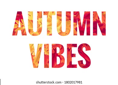 Autumn vibes lettering. Retro vector letters (caps) with leaves pattern. Maple, oak, mountain ash, rowan, hawthorn. Vintage design element for poster, card, banner, brochure, social media, web