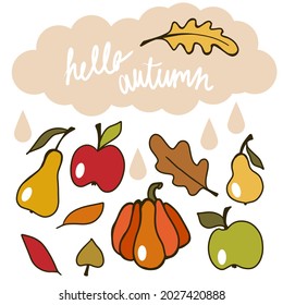 Autumn vibes mood. Fall season doodle set . Hand drawn collection with pumpkin, fruits, leaves. Hello autumn lettering