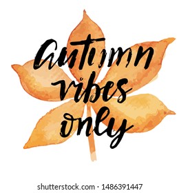 Autumn vibes only hand lettering phrase on orange watercolor leaf background