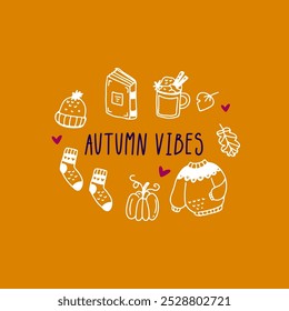 Autumn vibes outline illustration. Autumn banner lettering.