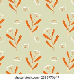 Autumn vibes pattern, orange twigs with white berry, on green pastel background. Vector illustration