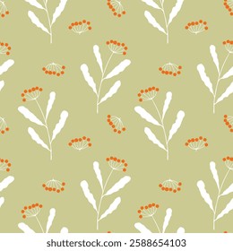 Autumn vibes pattern, white twigs with orange berry, on green pastel background.