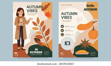 Autumn vibes poster templates set with woman, pumpkins and fall leaves vector, ideal for seasonal promotions, events. Concept with character holding coffee, colorful falling leaves, pumpkins, pie, and abstract shapes for seasonal greeting cards, invitations, flyers, or social media.