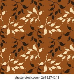 Autumn Vibes. Red-orange pattern with stylized leaves silhouette beige and brown color.