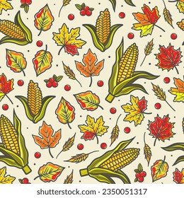 Autumn vibes - seamless pattern of reach fresh harvest and fallen leaves