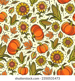 Autumn vibes - seamless pattern of reach fresh harvest, sunflowers and fallen leaves