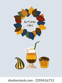 Autumn vibes. Set of pumpkin spice seasonal products, coffee, latte, pie, cake, soup, smoothie. Autumn food vector cartoon flat doodle illustration.