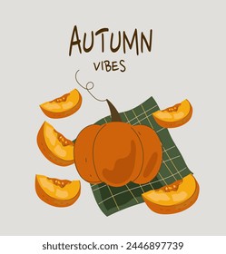 Vibraciones otoñales. Juego de especias de calabaza, productos de temporada, café, café con leche, pastel, torta, sopa, batido. Ilustración de doodle plano de dibujos animados de Vector de comida de otoño.