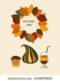 Autumn vibes. Set of pumpkin spice seasonal products, coffee, latte, pie, cake, soup, smoothie. Autumn food vector cartoon flat doodle illustration.