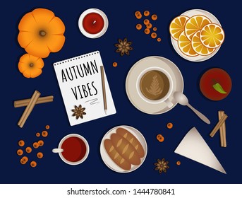 Autumn vibes - upper table view composition. Set with different objects coffee cup, jam, orange slices, pumpkins, baguettes, candle, apple, note book with inscription aso. Autumn theme. Vector.