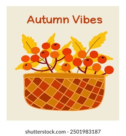 Autumn vibes with a woven basket filled with orange berries and colorful leaves