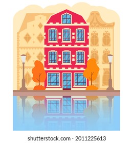 Autumn view of the city of Amsterdam traditional building. Dutch cityscape canal. Urban landscape of the Netherlands, Europe.Vector flat illustration.