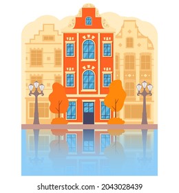 Autumn view of the city of Amsterdam traditional building. Vector flat illustration.Street lights yellow trees.