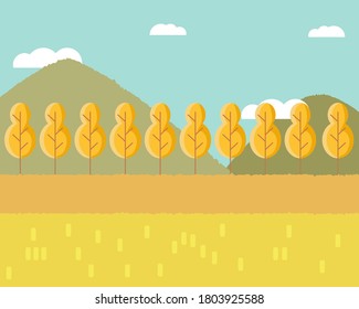 Autumn view concept: There are many orange or yellow tree, hills, cloud with blue sky. Cute vector style for your design.