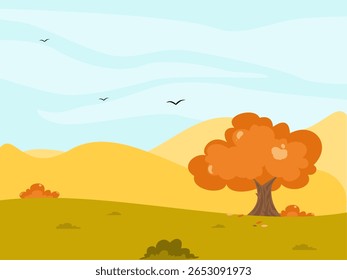 Autumn view illustration. Seasonal landscape. Fall season cartoon. Can be used for wallpaper and decoration