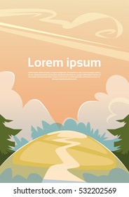 Autumn View Landscape Rural Road Yellow Grass Hill Flat Vector Illustration
