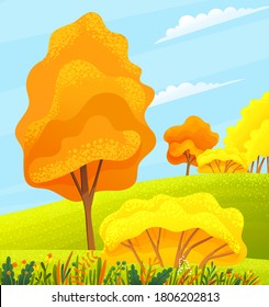 Autumn view or landscape with yellow and orange trees, october scenery with bushes at hills and sky background with clouds, beautiful view with plants, grass, day time, nobody, environment concept