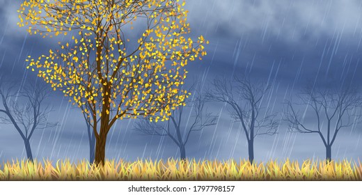 Autumn view, trees. Dramatic autumn sky, It is raining. Stormy clouds in dark sky, vector illustration, EPS10