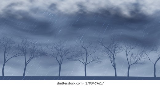 Autumn view, trees. Dramatic autumn sky, It is raining. Stormy clouds in dark sky, vector illustration, EPS10