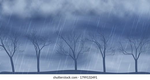 Autumn view, trees. Dramatic autumn sky, It is raining. Stormy clouds in dark sky, vector illustration, EPS10