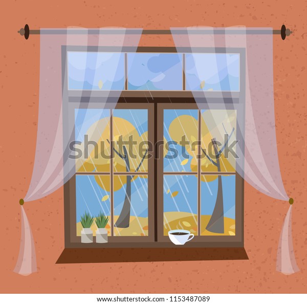 Autumn View Window Cornice Transparent Tulle Stock Vector Royalty