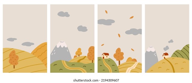 Vistas otoñales, paisajes, arte conceptual al aire libre. Cuidadas ilustraciones verticales de colinas, montañas, casas, campos y árboles. Temporada de otoño, clima otoñal. Afiches vectoriales, fondos de pantalla, fondos. 