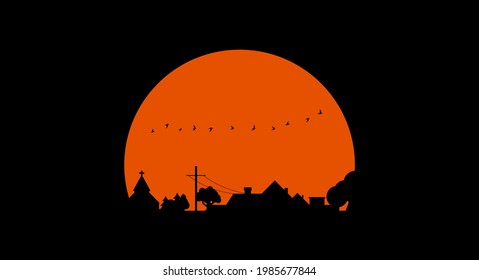 Autumn village. Black silhouette on the sunset background. Vector illustration