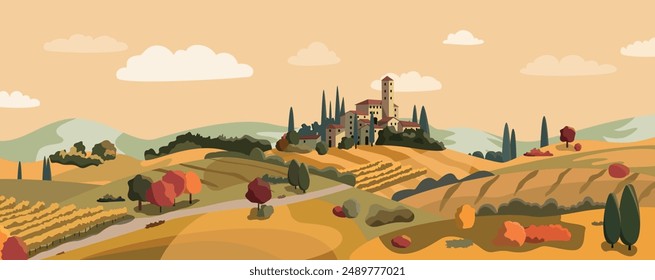 Herbst Dorf Cartoon Landschaft mit Hügeln und Feldern. Abstrakte italienische Szene. Vektorillustration. Flacher Design-Banner. Europäisches Falldorf. Die Landschaft Europas im Herbst.