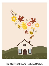 Autumn village house in authentic style, with chimney flowers. Autumn yellow leaves and flowers with berries. For postcard, poster, interior.	