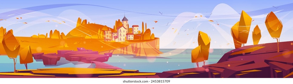 Autumn village landscape with house and tree scene. Fall nature season and distant mediterranean countryside building panorama view. Spain or Italy thanksgiving vacation park in harbor banner