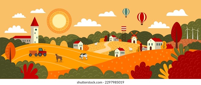 Autumn village landscape. Minimal city scenery. Fall town. Geometric buildings and trees. Scenic skyline. Sky clouds. Mountains and yellow agriculture fields. Vector tidy flat illustration