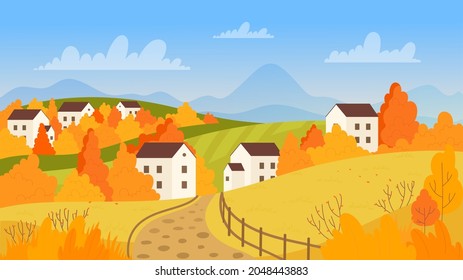 Herbstdorf an sonnigen Tagen, Straße zu Bauernhäusern Vektorgrafik. Cartoon-Bergpanorama-Landschaft mit Ackerland, Bäumen und Gebäuden, Herbstsaison auf ländlichem Hintergrund