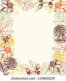 Autumn vintage background with flowers and leaves. Hand drawn vector illustration. Decorative floral frame.