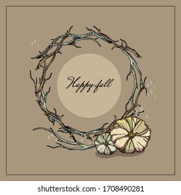 Autumn vintage frame made of branches. Halloween hand-drawn postcard. Floral dark illustration forest fairy tails.